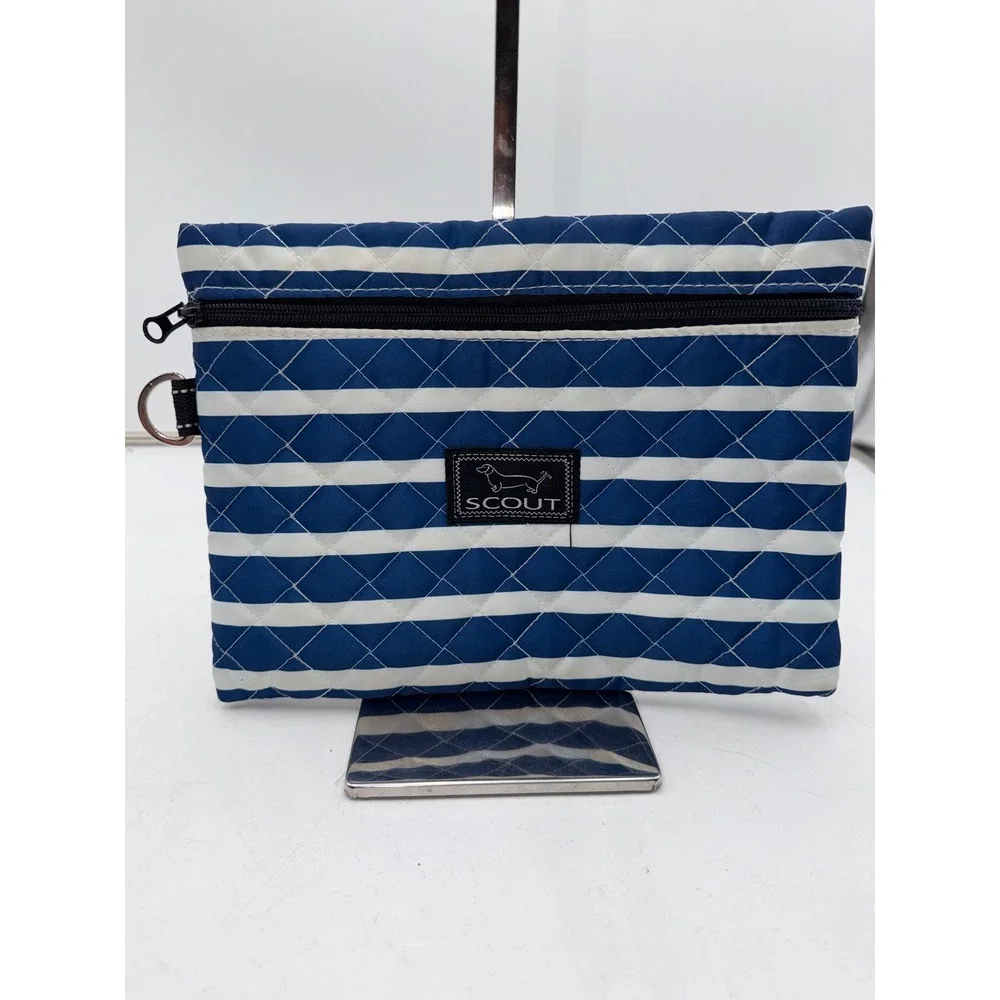 Scout Quilted Zipper Pouch Navy Blue White Nautical Stripe D-Ring Accessory Bag